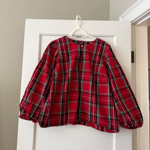 J.Crew XXL Red Tartan Plaid Puff-Sleeve Holiday Blouse - Picture 2 of 5